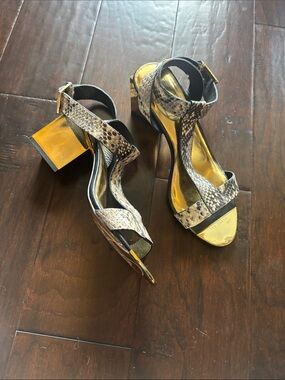 Ted Baker Gold & Snake-Print Block Heel Sandals